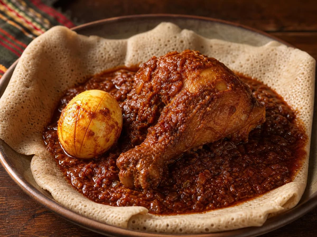 Doro wat with chicken and egg served on injera