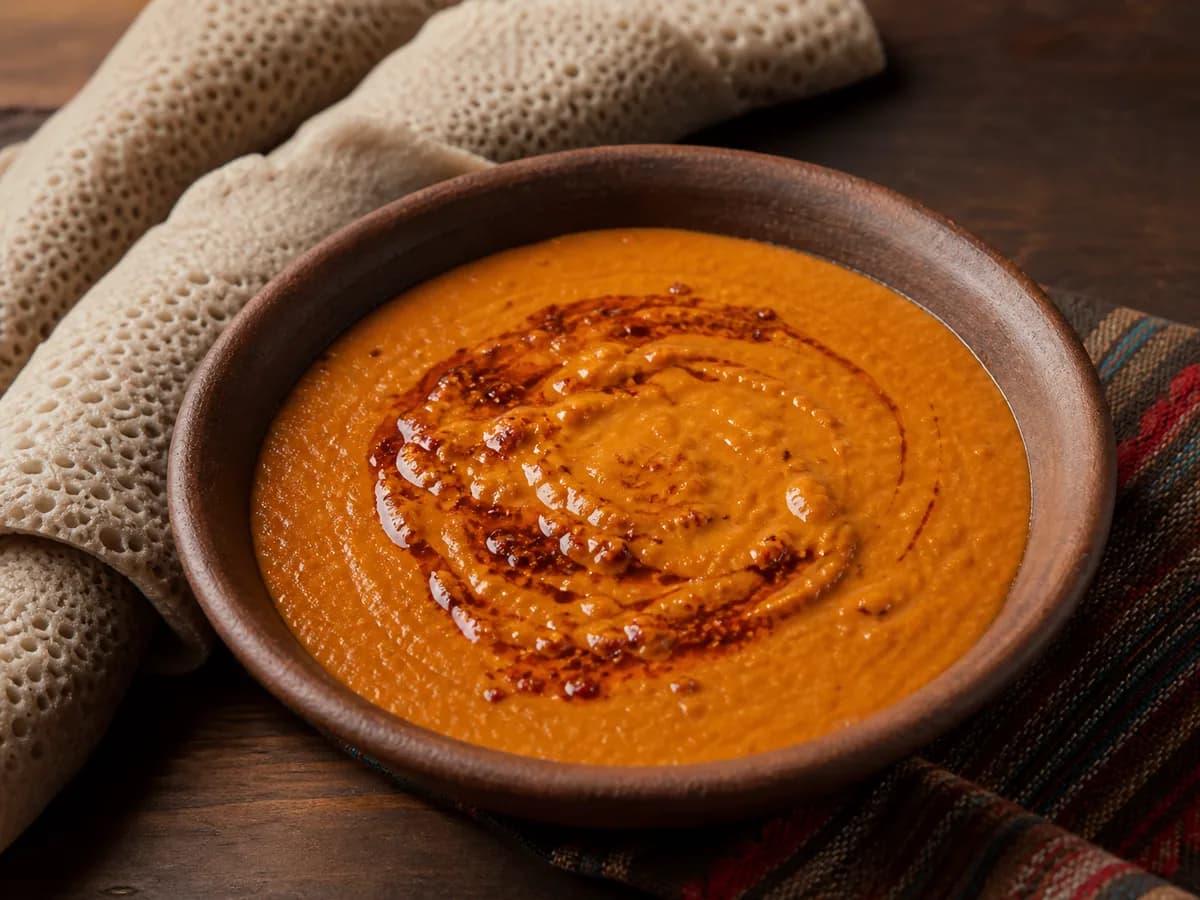 Smooth Ethiopian shiro wat with folded injera