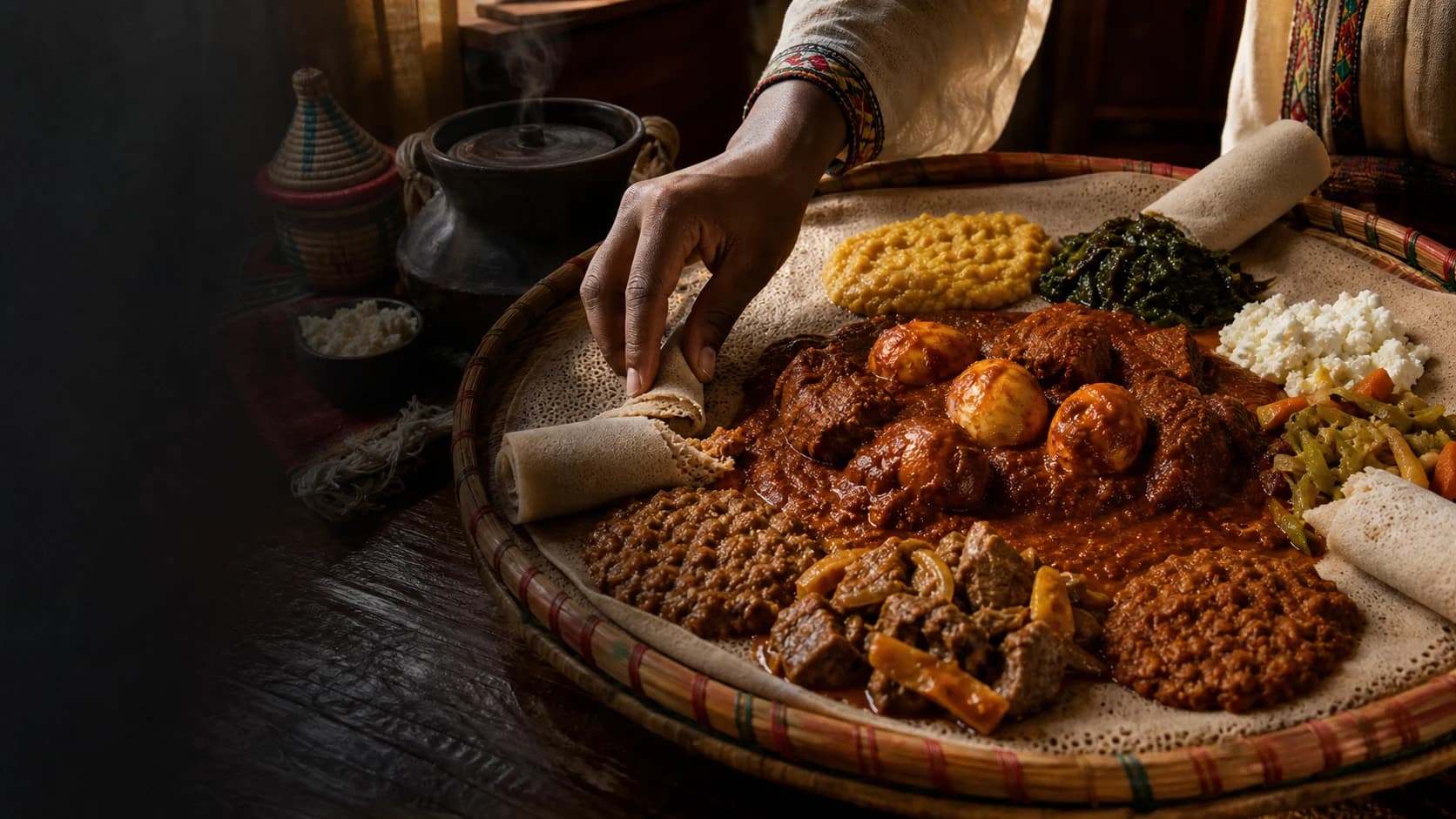 A home-cooked Ethiopian communal feast served on injera in a woven gebeta
