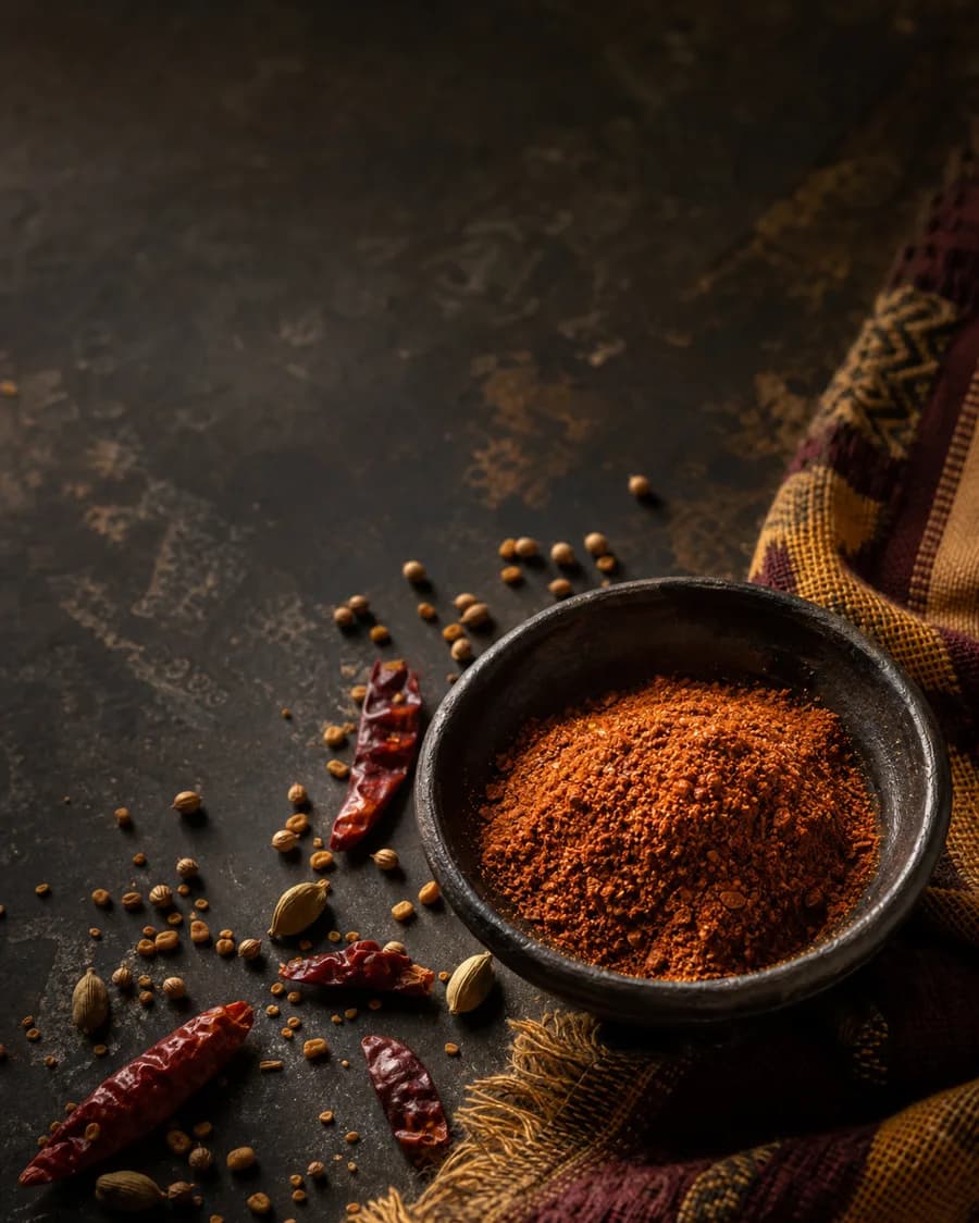 Berbere spice in a dark clay bowl with dried chilies and whole spices