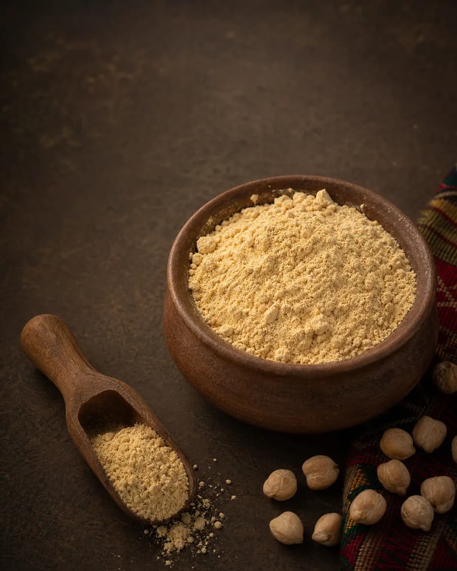 Pale golden shiro powder in a rustic clay bowl with chickpeas