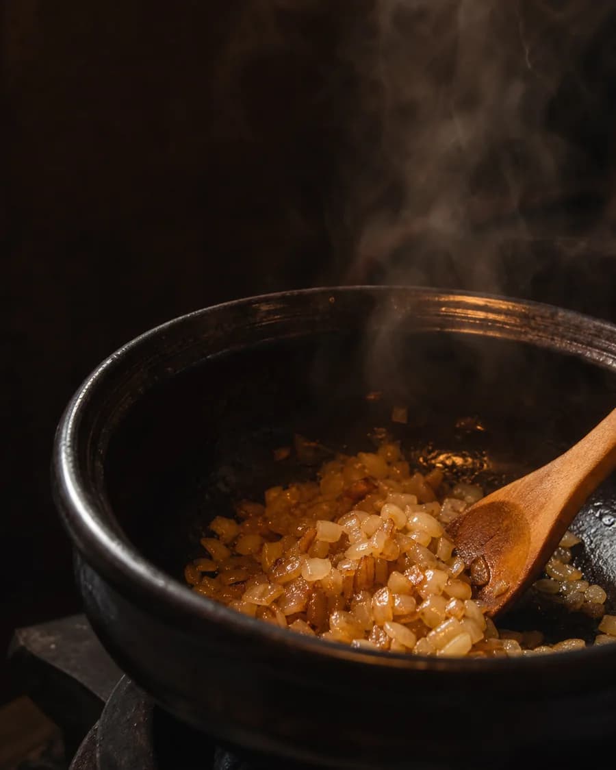 Diced onions slowly caramelizing in a dark cooking pot