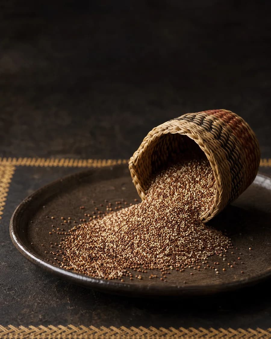 Tiny ivory and brown teff grains spilling from a woven basket